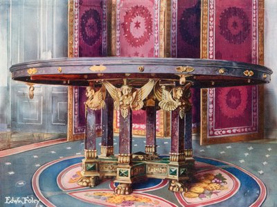 Circular Table of Various Marbles, with Chased Gilt Mounts. Folding Screen of Carved and Gilt Wood with Silk Panels by Edwin John Foley